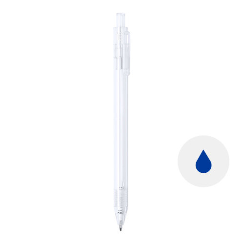Penna a sfera in RPET trasparente e pulsante colorato con meccanismo a scatto e refill blu
