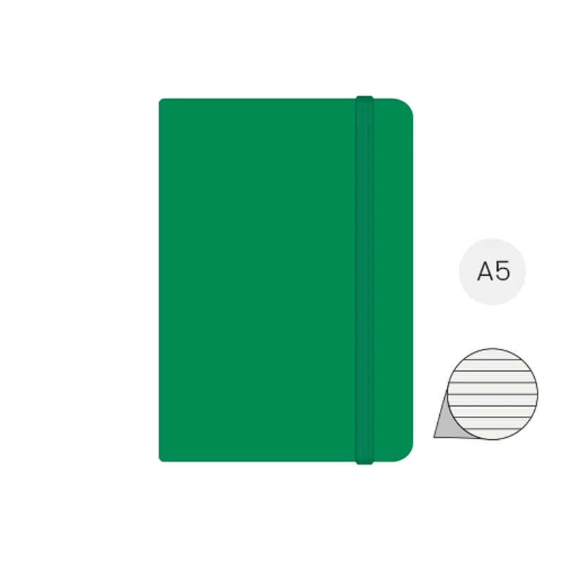 Block notes A5 con copertina in PU e 100 fogli a righe con segnalibro e cinturino in gomma coordinati