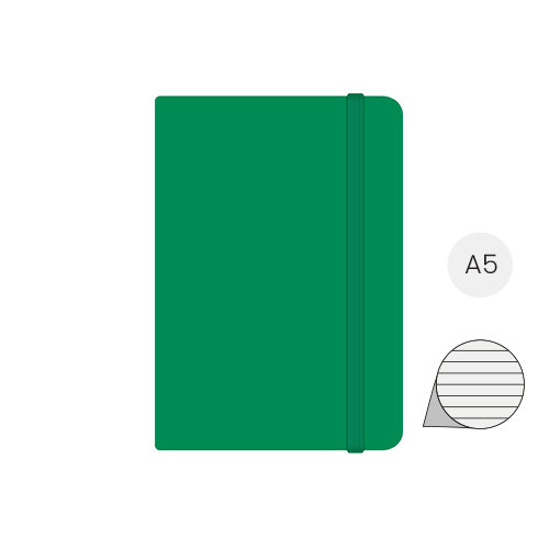 Block notes A5 con copertina in finta pelle e 100 fogli a righe con segnalibro e cinturino in gomma coordinati