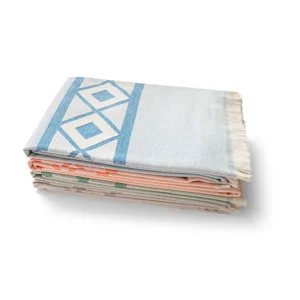 Telo mare con motivo bicolore e frange in cotone riciclato 100x180cm da 350gr prodotto in UE 