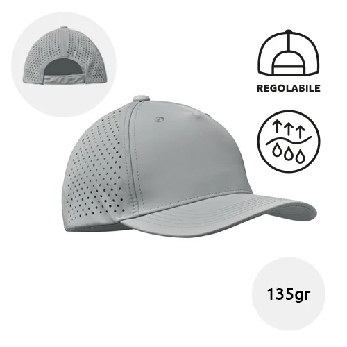 Cappellino con visiera in poliestere 130gr a 5 pannelli ad asciugatura rapadia e repellente al sudore