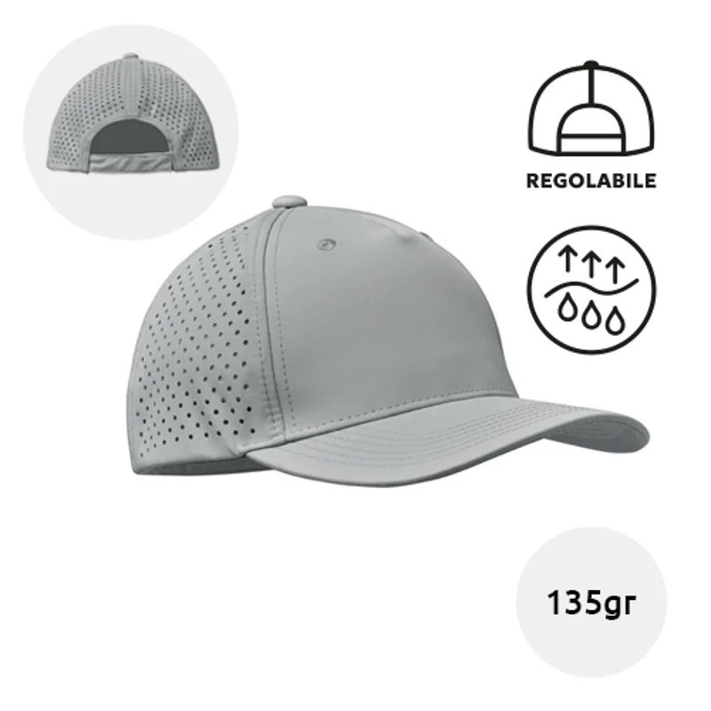 Cappellino con visiera in poliestere 130gr a 5 pannelli ad asciugatura rapadia e repellente al sudore