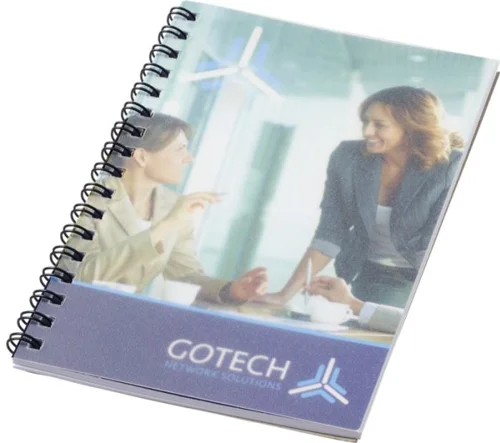 Block notes A6 Desk-Mate con rilegatura a spirale nera con copertina e 50 fogli interni personalizzabili