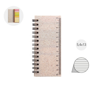 Block note con copertina in plastica ecologica in paglia di grano con fogli in carta riciclata a righe e note adesive segnapagina 54×130×8mm