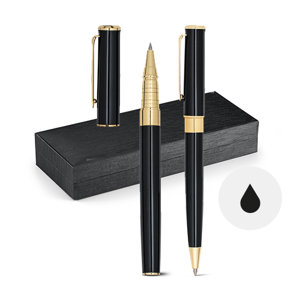 Set con penna roller e penna a sfera in metallo con refill nero dettagli in oro 18 carati con custodia regalo