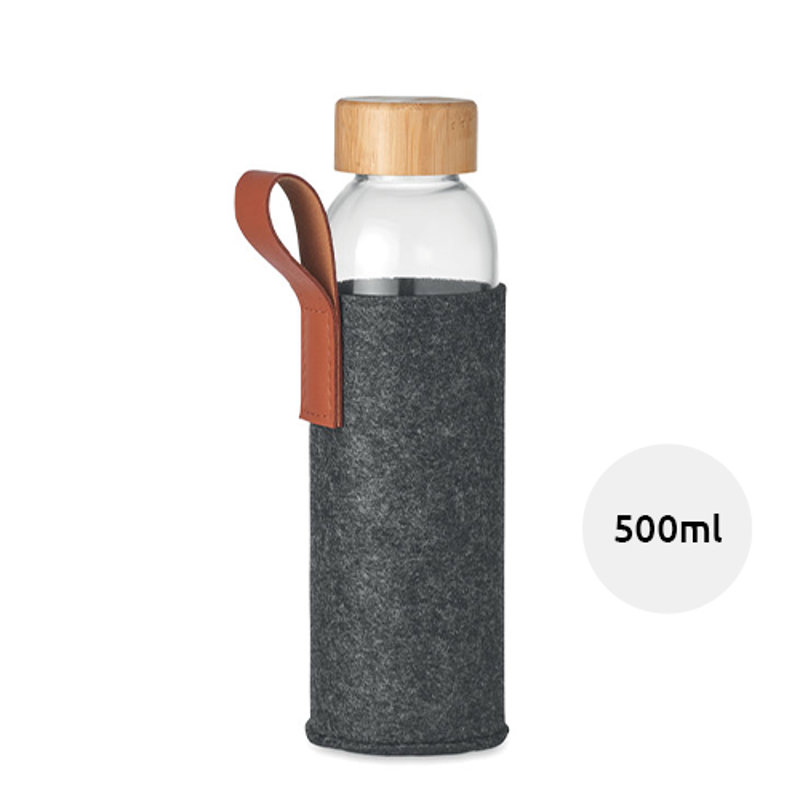 Borraccia di vetro coperchio in bambù con manico in PU e sacchetto in poliestere RPET da 500ml