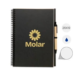 Block notes in carta riciclata con rilegatura a spirale e 70 fogli neutri e penna in refill blu 26X19 cm