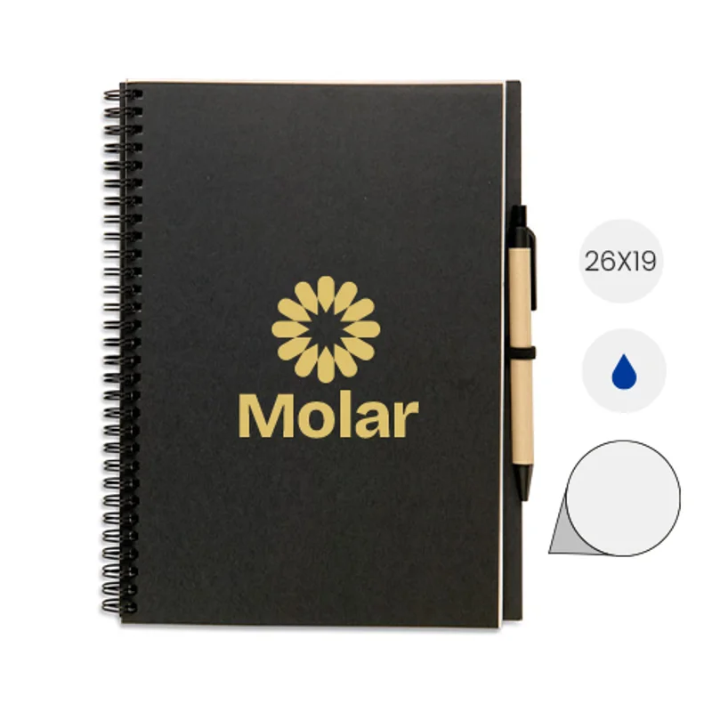Block notes in carta riciclata con rilegatura a spirale e 70 fogli neutri e penna in refill blu 26X19 cm