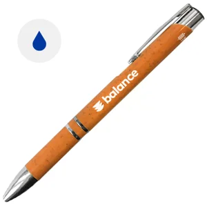 Penna a sfera in plastica ecologica disponibile in vari colori con parti mettalicche e con meccanismo a scatto e refill blu