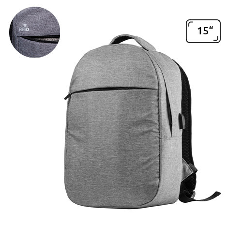 Zaino porta pc da 15" in poliestere 300D con protezione RFID e connettore USB integrato per power bank