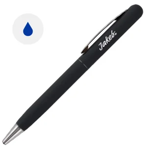 Penna a sfera in metallo con finitura gommata colorata e meccanismo a rotazione e refill blu