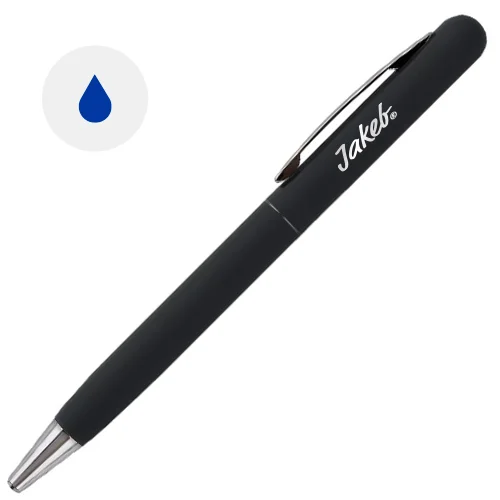 Penna a sfera in metallo con finitura gommata colorata e meccanismo a rotazione e refill blu