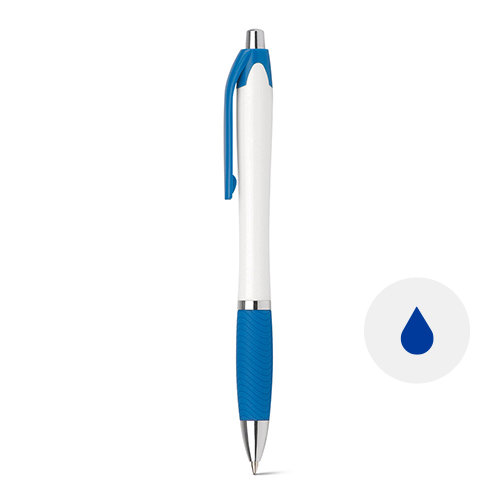 Penna a sfera in plastica con finitura antiscivolo colorata in coordinato con la clip e con meccanismo a scatto e refill blu