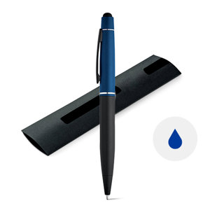 Penna a sfera in alluminio con pounta touch screen e meccanosmo a rotazione in confeione e refill blu