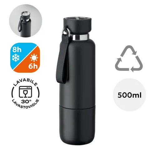 Borraccia termica in acciaio inox riciclato con tazza integrata e manico con cinghia 500ml
