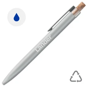 Penna a sfera in alluminio riciclato con pulsante in sughero e clip in metallo refill blu