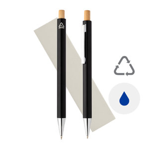 Set composto da penna a sfera e matita meccanica in alluminio riciclato pulsanti in bambù e refill blu in scatola kraft