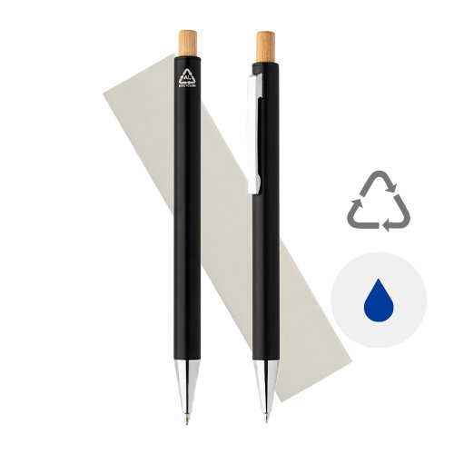 Set composto da penna a sfera e matita meccanica in alluminio riciclato pulsanti in bambù e refill blu in scatola kraft