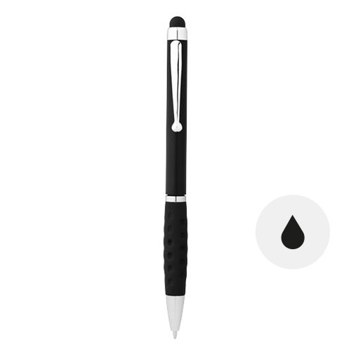 Penna a sfera in plastica disponibile in vari colori con impugnatura gommata nera e punta touch con meccanismo a rotazione e refill nero