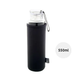 Borraccia in vetro riciclato da 550ml con coperchio in PS custodia in neoprene RPET e cinturino in silicone