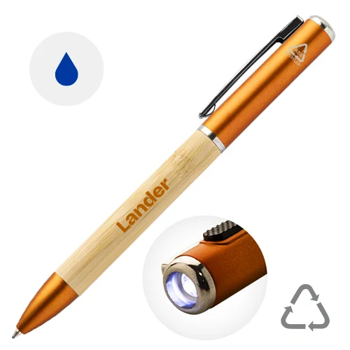 Penna a sfera in bambù e plastica riciclata a rotazione torcia LED e refill blu 