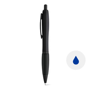 Penna a sfera in plastica colorata e clip in metallo con meccanismo a scatto e refill blu