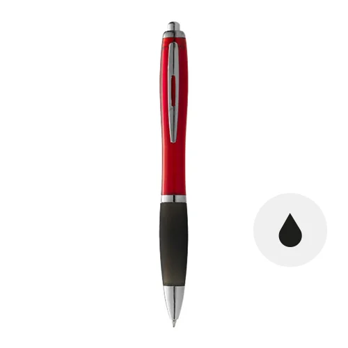 Penna a sfera con fusto colorato e impugnatura nera con meccanismo a scatto e refill nero