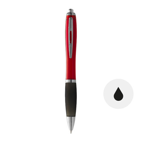 Penna a sfera con fusto colorato e impugnatura nera con meccanismo a scatto e refill nero