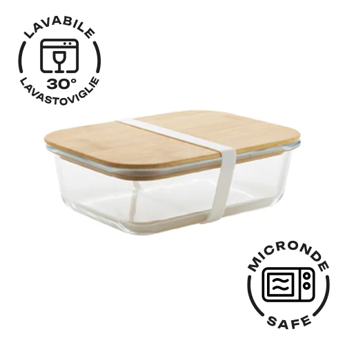 Porta pranzo  in vetro e coperchio in bambù da 800ml