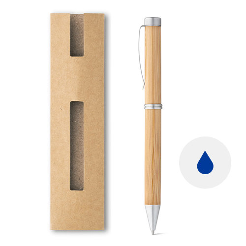 Penna a sfera in bambù con meccanismo a rotazione e custodia in carta e refill blu