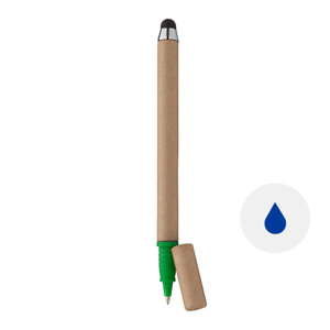 Penna roller in carta riciclata con cappuccio e puntale colorato di verde e punta touch a refill blu