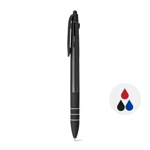 Penna a sfera in plastica multicolore con impugnatura antiscivolo disponibile in vari colri e refill blu rosso nero