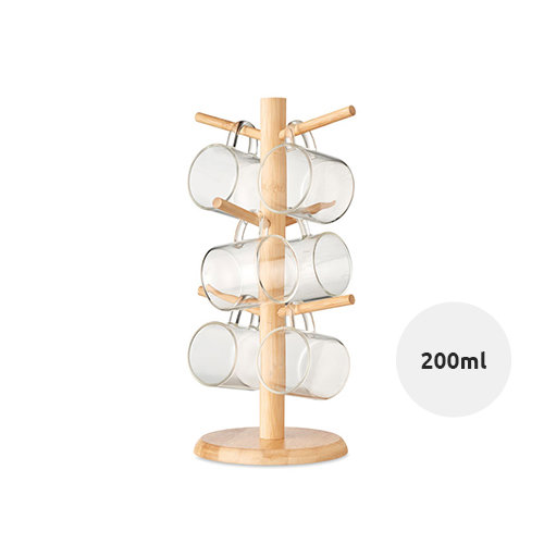 Portatazze in bambù completo di 6 tazze da cappuccino in vetro 200ml