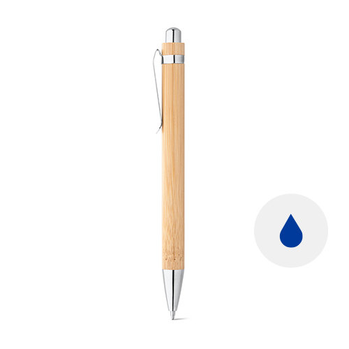 Penna a sfera in bambù con clip e puntale in metallo e meccanismo a scatto e refill blu