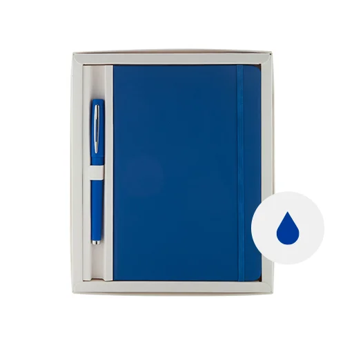 Set block notes A5 in finta pelle con fogli neutri e penna abbinata refill blu in scatola regalo