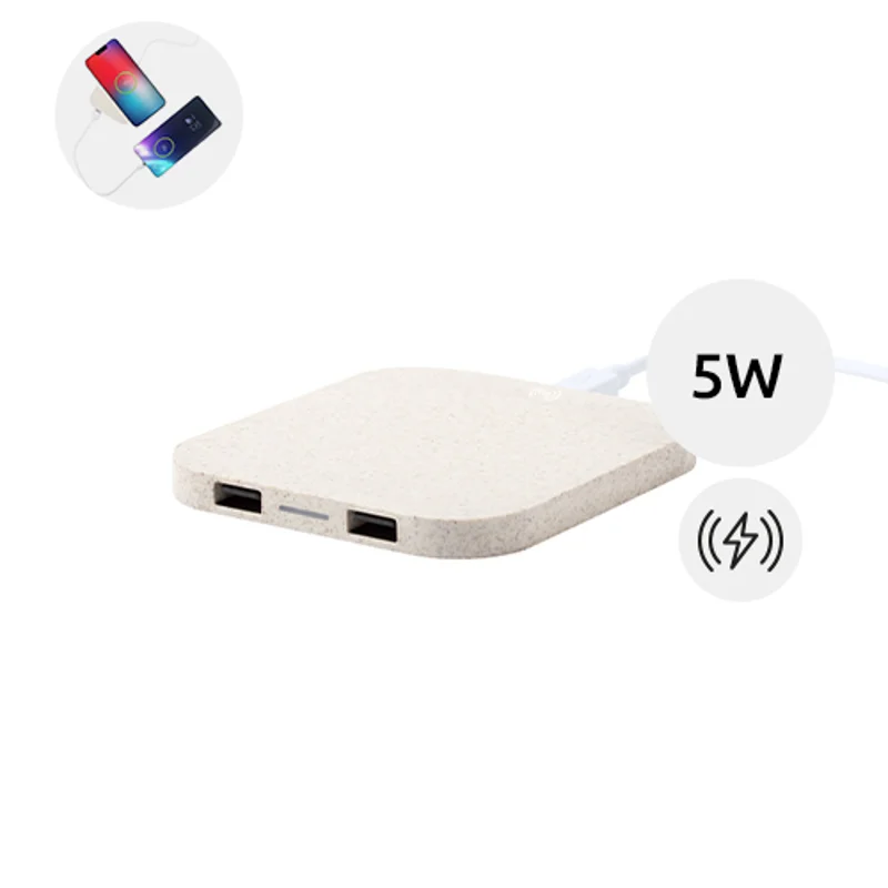Caricabatteria wireless in plastica ecologica di paglia di grano con 2 porte USB da 5W