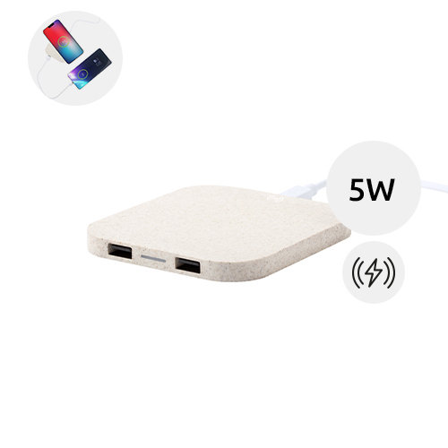 Caricabatteria wireless in plastica ecologica di paglia di grano con 2 porte USB da 5W