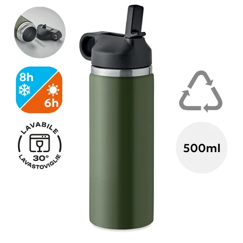 Borraccia a doppio strato in acciaio inox riciclato e tappo con cannuccia integrata da 500ml
