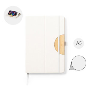 Block notes A5 copertina in materiale riciclato derivato da cartoni del latte e supporto per smartphone in bambù con fogli a righe