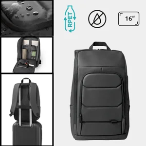 Zaino porta pc da 16" e tablet 10,1" in RPET impermeabile con tasca frontale cinghia per trolley e striscia riflettente