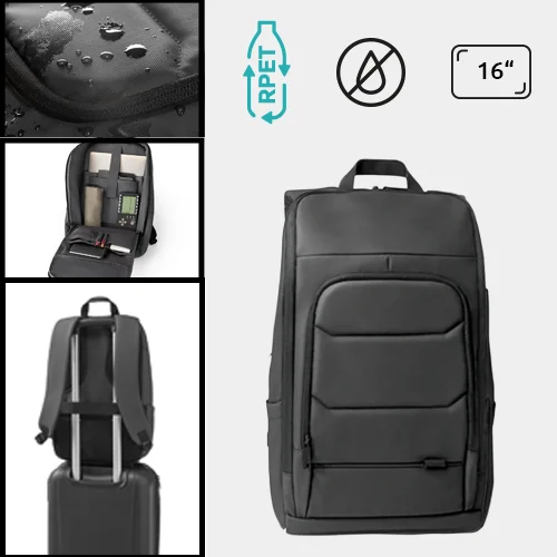 Zaino porta pc da 16" e tablet 10,1" in RPET impermeabile con tasca frontale cinghia per trolley e striscia riflettente