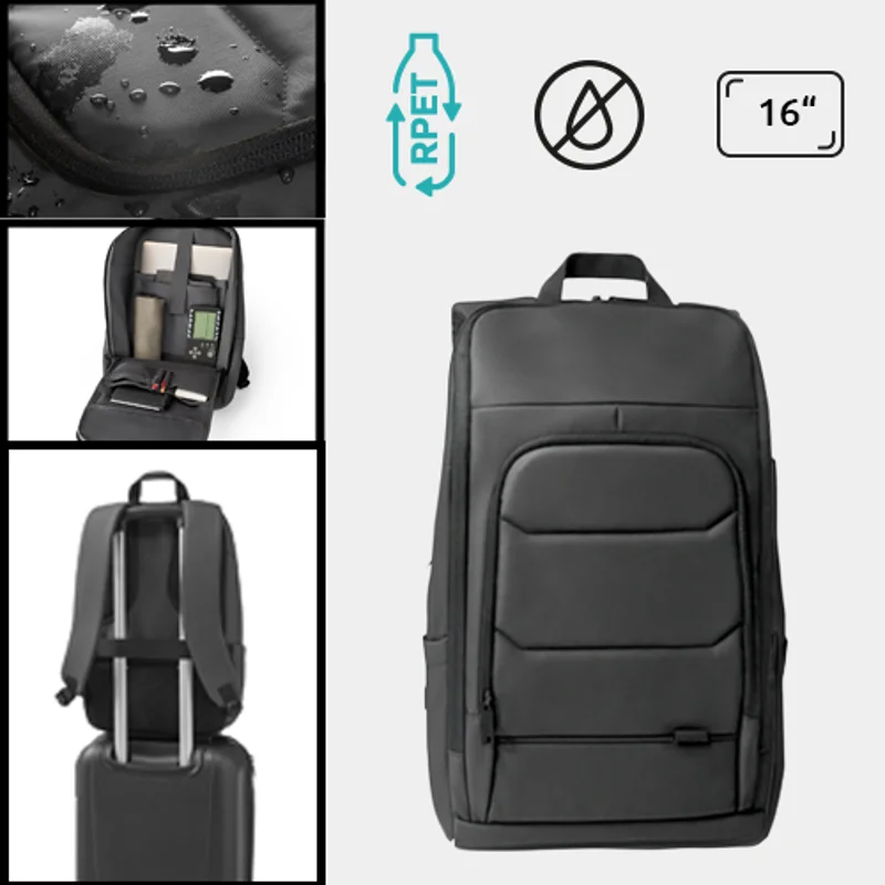 Zaino porta pc da 16" e tablet 10,1" in RPET impermeabile con tasca frontale cinghia per trolley e striscia riflettente