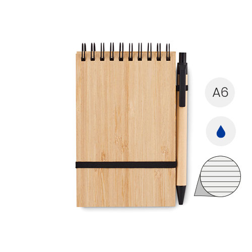 Block notes A6 in bambù con 70 fogli a righe in carta riciclata penna a sfera abbinata in refill blu