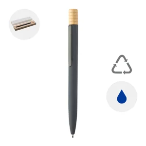 Penna a sfera in alluminio riciclato a rotazione finitura gommata e astuccio in cartoncino kraft refill blu
