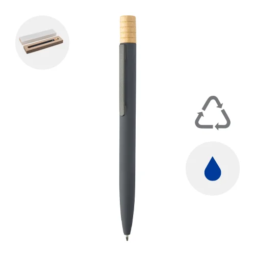Penna a sfera in alluminio riciclato a rotazione finitura gommata e astuccio in cartoncino kraft refill blu