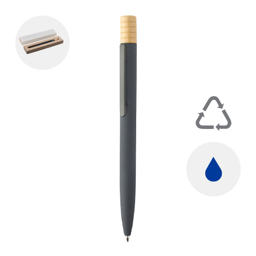 Penna a sfera in alluminio riciclato a rotazione finitura gommata e astuccio in cartoncino kraft refill blu