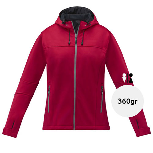 Giacca softshell da donna con tessuto imperabile e traspirante con chiusura a zip e cappuccio e tasche anteriori con zip e sulla manica