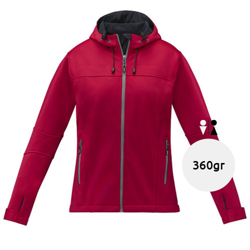 Giacca softshell da donna con tessuto imperabile e traspirante con chiusura a zip e cappuccio e tasche anteriori con zip e sulla manica
