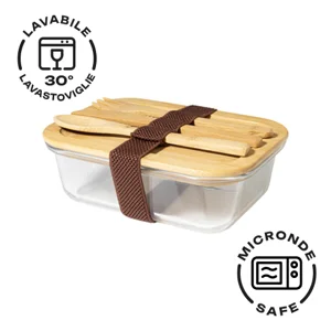 Porta pranzo in vetro e bambù con posate da 500ml