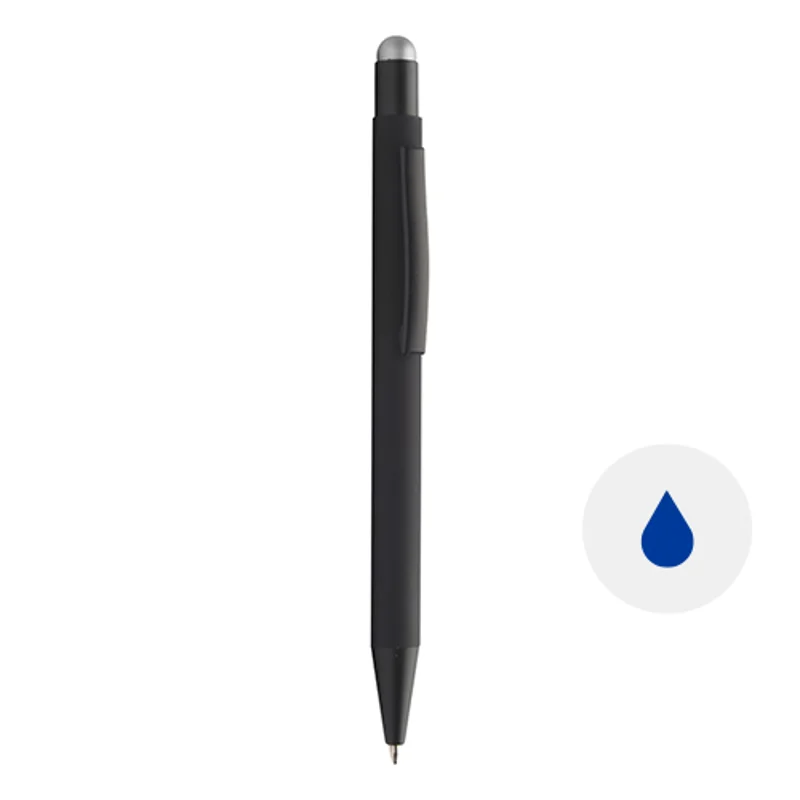 Penna a sfera in alluminio con finitura gommata per incisione laser con punta touch colorata e refill blu